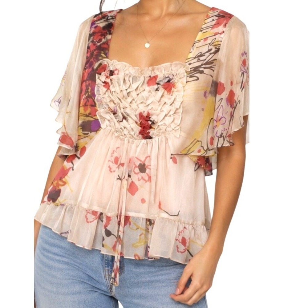 Aryn K Women Pink Floral 100% Silk Ruffle Flutter Sleeve Empire Waist Top L